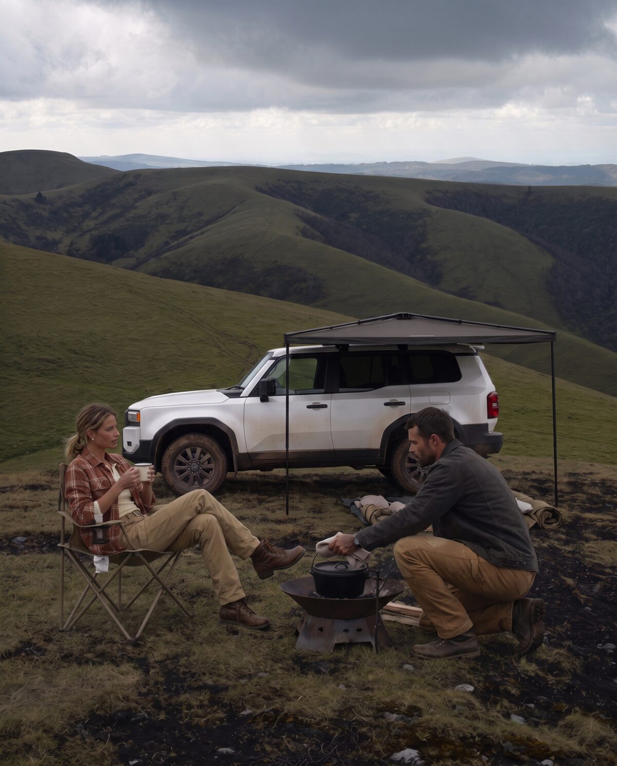 Couple at camp under a 270 degree awning on a high country crest